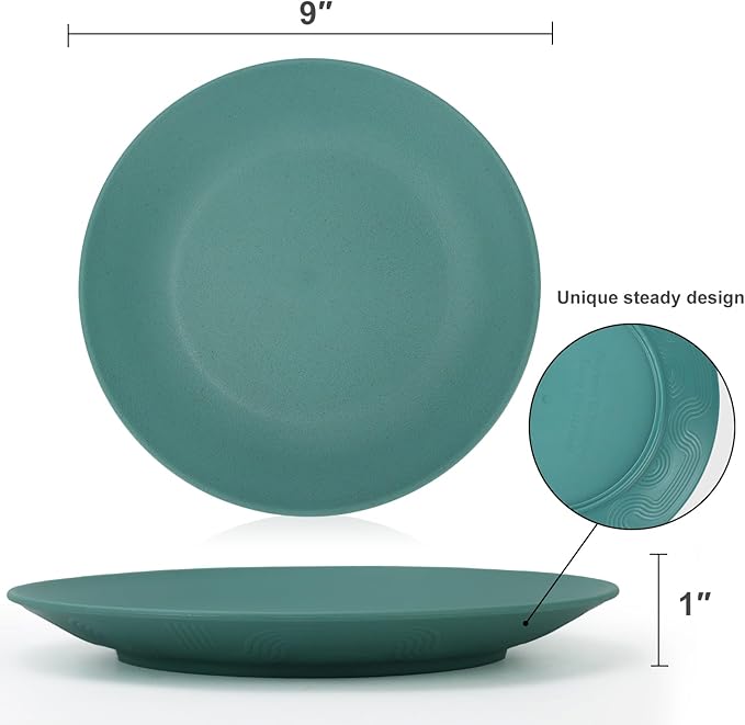 Flat Dinner Plates Set of 8 Alternative for Plastic Plates Microwave and Dishwasher Safe Wheat Straw Plates for Kitchen Unbreakable Kids Plates(Green,9 inch)