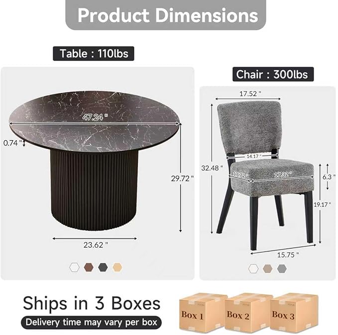 Howtek 5-Piece Modern Dining Room Set, 47" Faux Black Marble Round Dining Table with 4 Gray Space-Saving Upholstered Stackable Dining Chairs, Kitchen Table and Chairs Set for Home