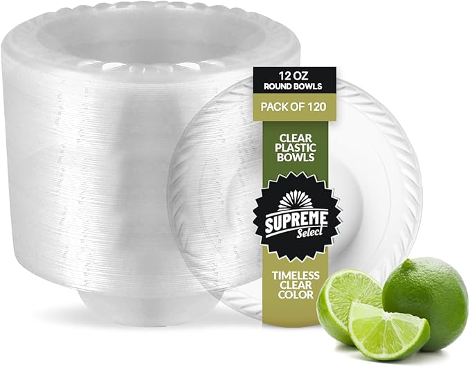 Clear Disposable Plastic Bowls [Pack of 120 | 12 Oz Bowls] Microwave Safe Disposable Bowls- Sturdy Rimmed Soup/Salad/Dessert/Ice Cream Bowls For Weddings, Parties, Kitchen Use