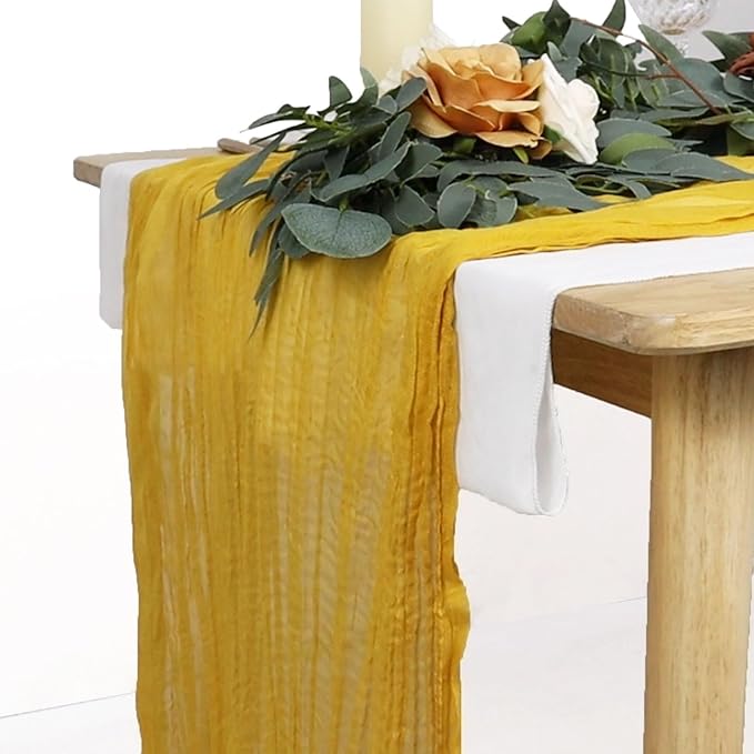 FUHSY 10 Pack 10FT Cheesecloth Table Runner Gold Gauze Fabric 35x120 Inches Farmhouse Linen Table Runner Cheese Cloths Runners for Tables Romantic Rustic Gazue Cheese Cloth Boho Decor for Wedding