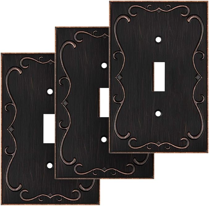 French Cabriole Decorative Wall Plate Switch Plate Outlet Cover (Single Toggle, 3 Pack, Aged Bronze)