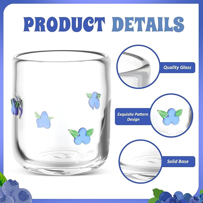 Icon Juice Glasses, 14oz Stemless Wine Drinking Juice Glass Cup for Valentine Party Supplies Gift(2 Pcs,Blueberry)