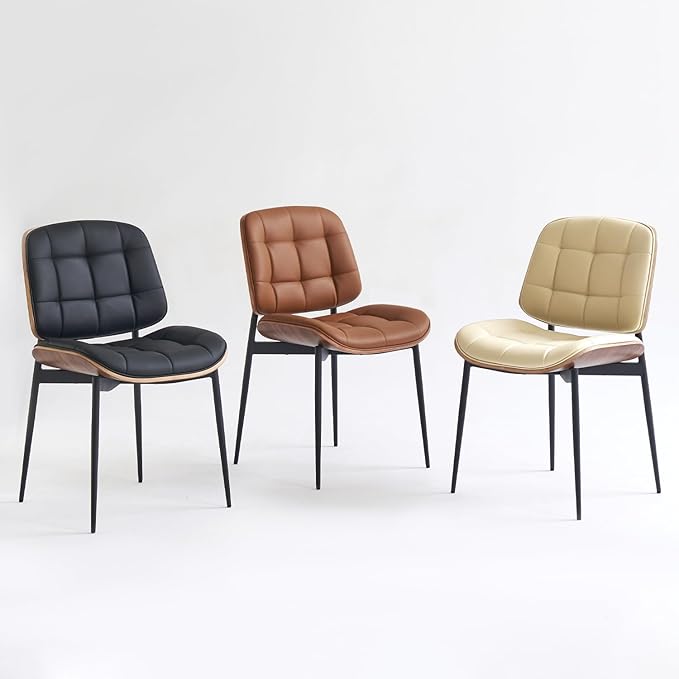 Mid Century Modern Dining Chairs with Walnut Grain Back, Black Faux Leather Dining Room Chairs Set of 4, Checkered Soft Cushion Kitchen Chairs with Adjustable Foot Pads