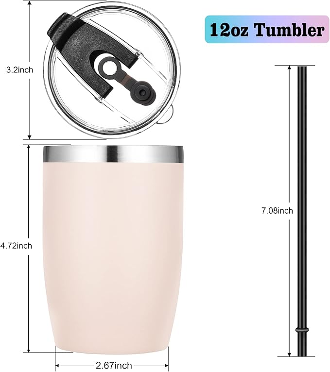 VEGOND Stainless Steel 12 oz Tumblers bulk Vacuum Insulated Double Wall Travel Tumbler with Lid and Straw Reusable Tumbler, Beige 6 pack