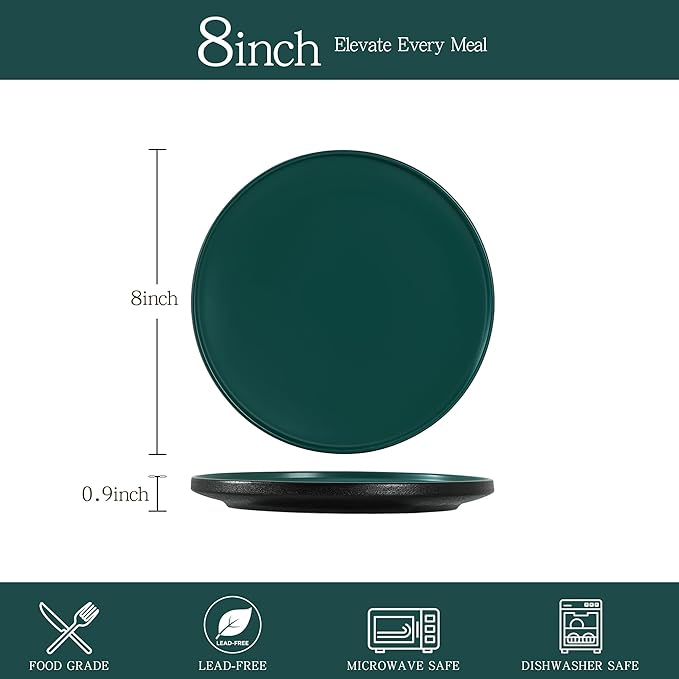Stoneware Salad Plates Set of 4, 8 Inch Plates for Dessert, Ceramic Plates Sets, Microwave Safe, Dishwasher Safe, Versatile for All Seasons, Matte Green