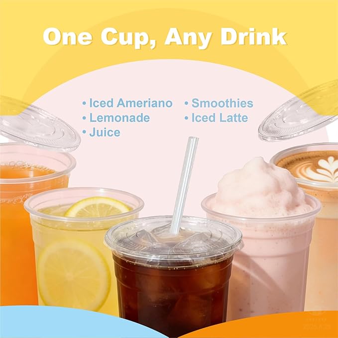 20 oz 100 Pack Disposable Clear Plastic Cups with Lids and Straws, Food Safe Bulk Iced Coffee Cups for Smoothies, Milkshakes and Other Cold Drinks