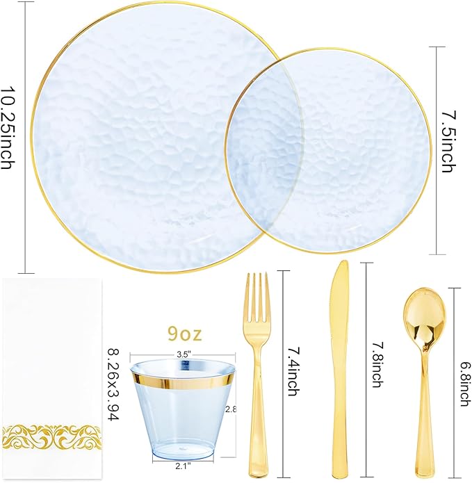 Rubtlamp 350 Pcs Clear Blue Plastic Plates, Blue Gold Plastic Dinnerware Set (50 Guests), Blue Disposable Plates With Gold Rim, Hammered Party Plates Set for Wedding And Party