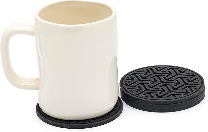 Drink Coasters for Tabletop Protection - Set of 4 No-Slip Silicone Rubber Coasters for Coffee Table, Desk & More - USA-Made Coasters for Drinks w/Liquid-Catching Grooves (Classic Black)