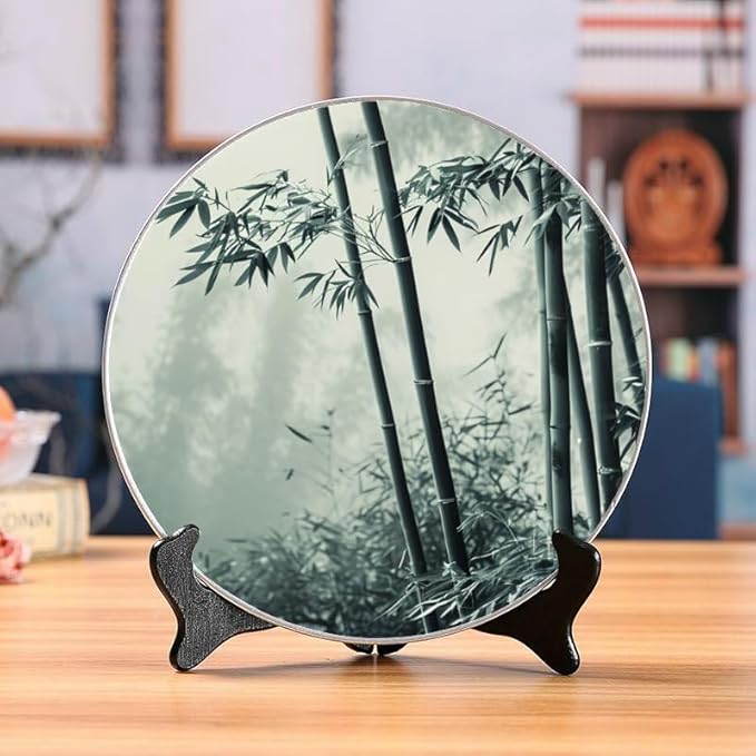 10 Inch Monochrome Bamboo Sanctuary Decorative Ceramic Plates with Display Stand Ideal for Household Wall Hanging and Decor DP-029497059