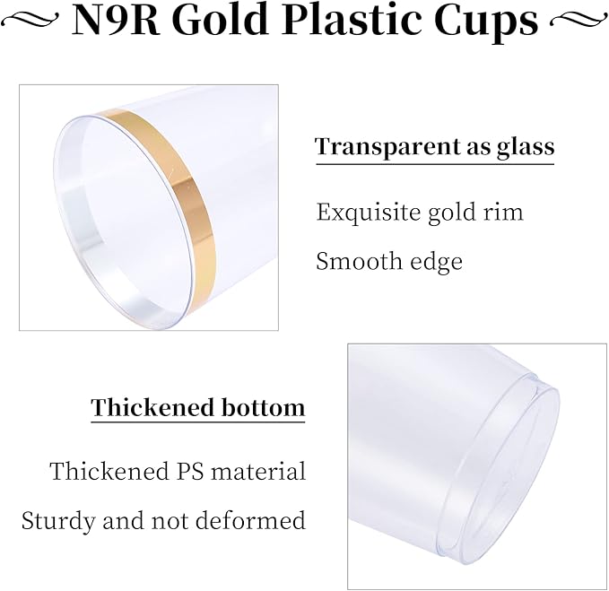 N9R 72PCS Gold Plastic Cups, 12OZ Clear Plastic Cups with Gold Rim, Disposable Cups Perfect for Parties, Wedding and Birthday