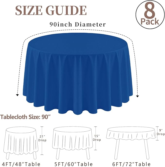 8 Pack Round Tablecloth 90 Inch Royal Blue Tablecloth for Round Tables, Washable Polyester Table Cloth Stain and Wrinkle Resistant Decorative Table Cover for Wedding Party Dining Banquet
