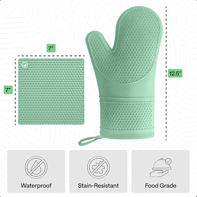 GORILLA GRIP BPA-Free Soft Silicone Oven Mitts and Pot Holders Sets of 4, Heat Resistant Waterproof Cooking Gloves, Thick Cotton Lining, Flexible Gripping for Baking Grilling, Kitchen Trivets, Mint