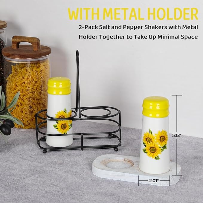 Salt and Pepper Shakers - Farmhouse Sunflower Salt and Pepper Shakers Set with Metal Holder & Refill Funnel, Countryside Dining Accessories for Cottage Homes & Outdoor Picnics (Gift Box Ready)