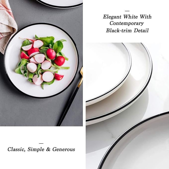 BonNoces 8 Inch Porcelain Lunch Plates, White with Black Edges Dessert Plate, Classic Round Serving Plate for Steak, Pasta and Salad, Set of 6