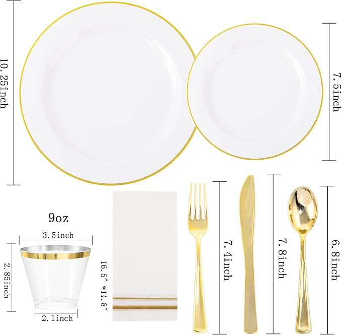 SUT 175 PCS Plastic Plates, 175 Pieces Disposable Heavy Duty for 25 Guests, White Gold Geometric Pattern Dinner Plates with Napkins and Cups, BPA Free