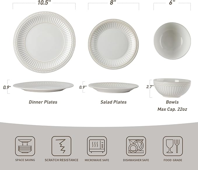 Famiware Garden Plates and Bowls Set, 12-Piece Dishes Set for 4, Scratch Resistant Kitchen Dishes Dinnerware Set - Microwave and Dishwasher Safe, Reactive Glaze and Embossed Stoneware, White