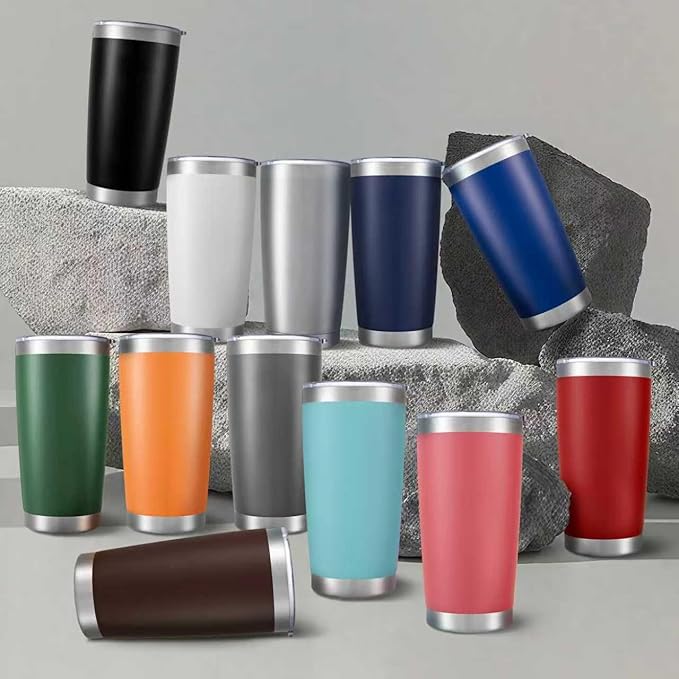 20 oz Tumbler Bulk with Lid Stainless Steel Insulated Tumblers Double Wall Vacuum Coffee Mug Powder Coated Tumbler Cups for Cold and Hot Drinks, Orange, 12 pack