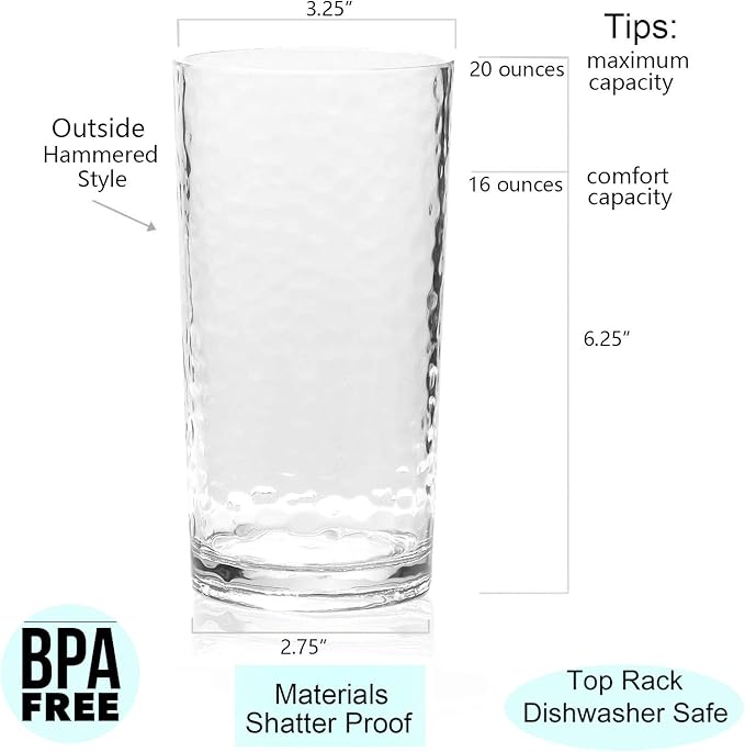 KX-WARE 14-ounce and 20-ounce Acrylic Glasses Plastic Tumbler, set of 8 Clear - Hammered Style, Dishwasher Safe, BPA Free