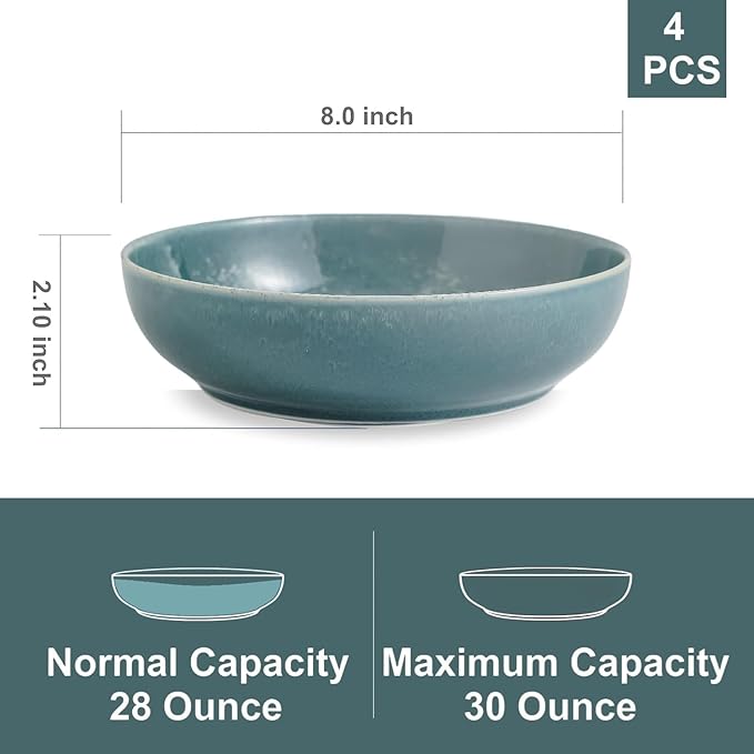 30oz Ceramic bowls set of 4-8" serving bowls for Kitchen,Pasta,Salad-Dishwasher & Microwave Safe Perfect for Housewarming, Thanksgiving, Christmas-Teal Green