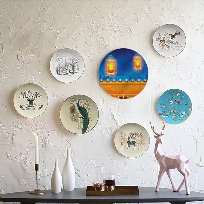 Ceramic Plates, Diwali Decorative Ceramic Plates, Diwali Night Candles, 8 Inch, for Dining, Parties, Wedding, Multicolor