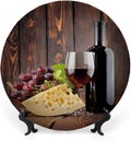 Ceramic Display Plate, Wine Ceramic Hanging Decorative Plate, Red Wine Cabernet Bottle and Glass Cheese and, 6 Inch, Living Room Kitchen Decoration Household, Brown Burgundy Cream