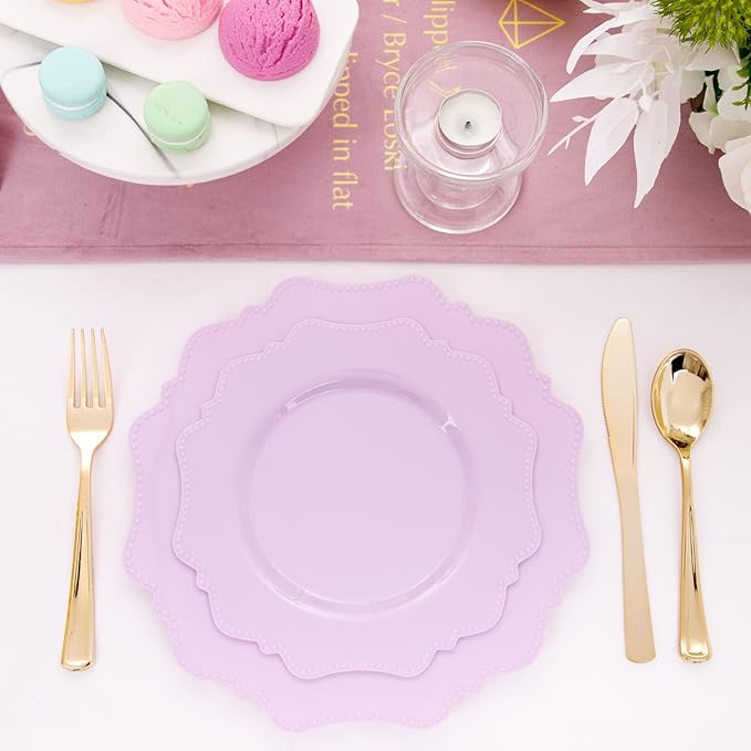 COLOSUS 60Pcs Lavender Purple Plastic Plates set,Heavy Duty Purple Disposable Plates include 30 Dinner plate 10.5” and 30 Salad/Dessert Plate 8.25” for Party and wedding
