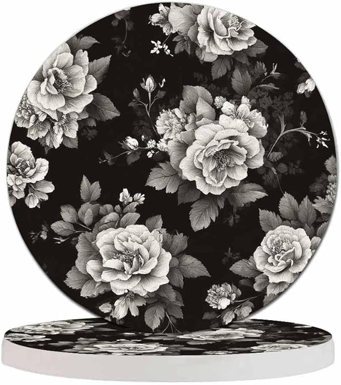 Watercolor Black Flowers Cup Coasters Set of 2 Elegance Botanical Flower Pattern Grey Rose Bouquet Wooden Table Apartment Decor 100% Diatomite for Drinking Glasses,4 Inches