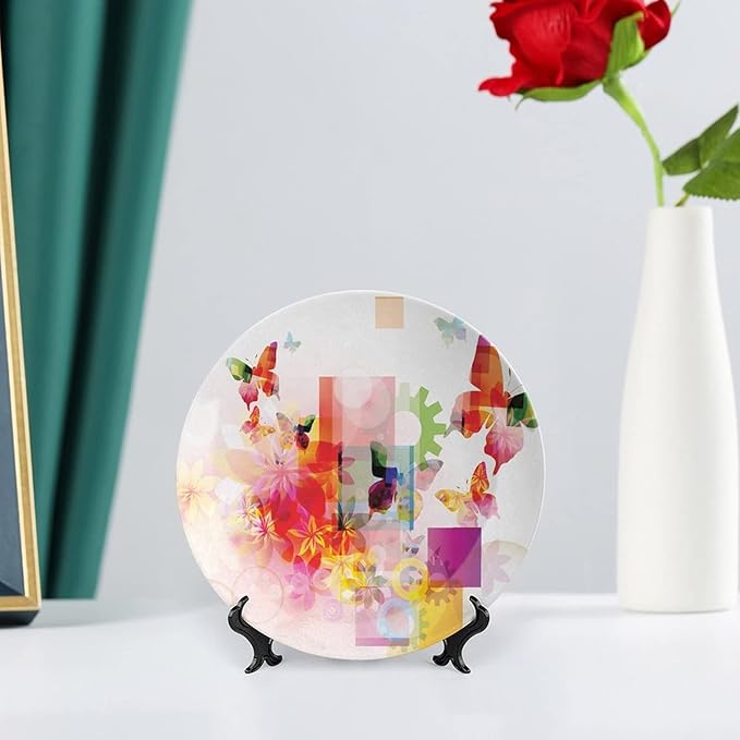 Ceramic Display Plate, Abstract Ceramic Hanging Decorative Plate, Natural Design Flowers Leaves Squares Rounds, 8 Inch, Household Custom Ceramic Plate, Multicolor