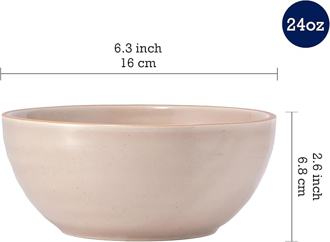 Bico Light Beige 24oz Stoneware Cereal Bowls Set, Set of 4, Microwave and Dishwasher Safe, for Cereal, Soup, Noodles