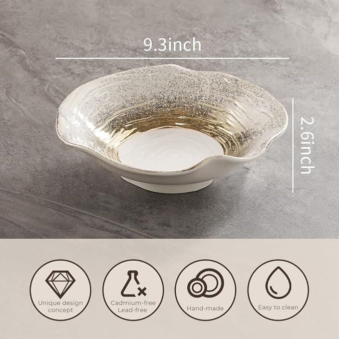 Set of 4 Lotus Edge Ceramic Bowls, 9.3-Inch Gradient Gold Design Soup Bowls with Wavy Rim, 23.5cm Food-Safe Porcelain for Dining & Gifting