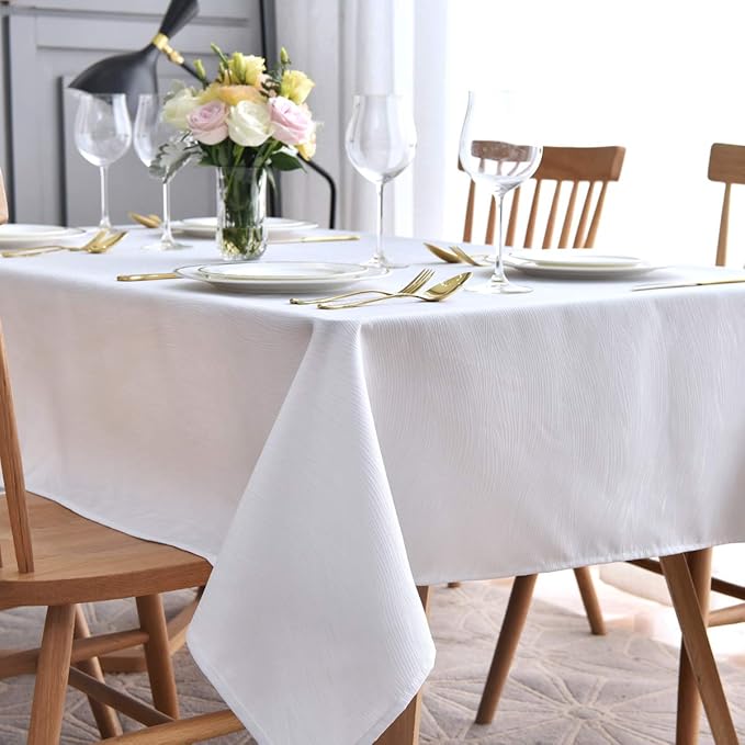 maxmill Jacquard Table Cloth Waving Pattern Water Resistant Wrinkle Resistance Heavy Weight Soft Tablecloth for Kitchen Dinning Tabletop Decoration Oblong 60 x 140 Inch White