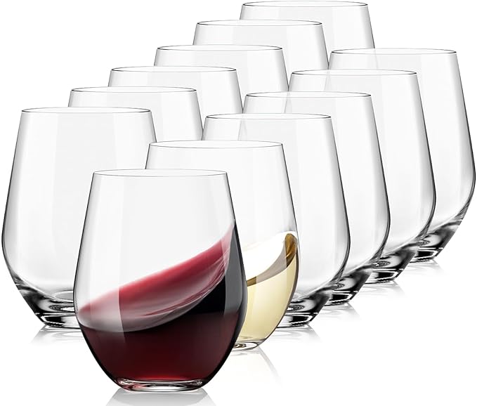 OJA Stemless Wine Glasses Set of 12, 15oz Crystal Red White Wine Glasses, No Stem, Clear, Sturdy Drinking Glass for Daily Use, Birthday, Wedding, Home Party, Anniversary, Shower Gift