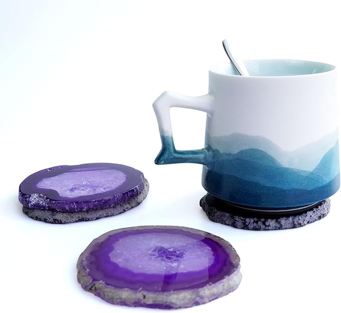 Purple Agate Slices Bulk Geode Coasters Set of 4 with Rubber Bumpers - Unique 3-4 Inch Dyed Stone Drink Cup Crystal Coasters for Home Decor, Coffee Table, Bar Accessories
