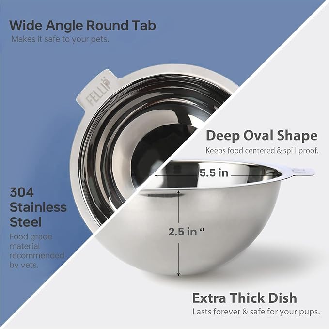 Felli Pet Oblik Acrylic Raised Dog Food Water Bowl Stainless Steel Slanted Oval Dish for Short Leg Puppy & Small Medium Pet, Elevated Tilted Metal Feeder (Shadow, 1.5 Cups Oval Dish)