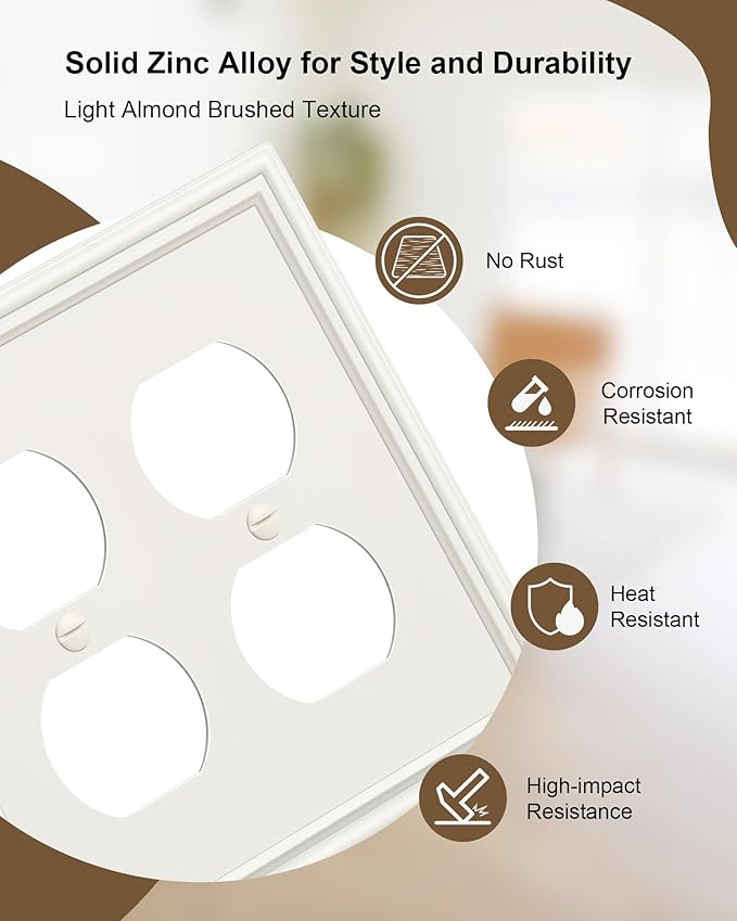 2-Pack Double Duplex Outlet Cover, Light Almond Decorative Double Switch Plates and Outlet Covers for Electrical Outlets, Durable Zinc Alloy Wall Plates, Corrosion Resistant