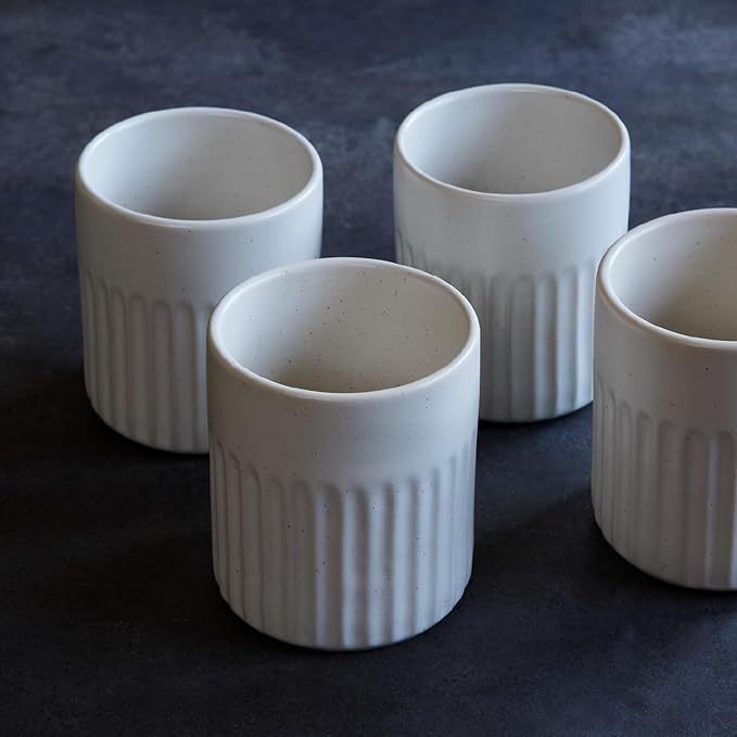Goodies White Ribbed Water Cups (Set of 4), Handmade Ceramic, Glazed, Dishwasher Safe, Microwave Safe, Secure Grip, Ergonomic Shape, Modern, 9 oz