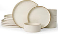 Famiware Star Dinnerware Set, Plates and Bowls Sets for 4 (12pcs), Ribbed Stoneware Dishes with Trim - Chip & Scratch Resistant, Microwave & Dishwasher Safe, Cream