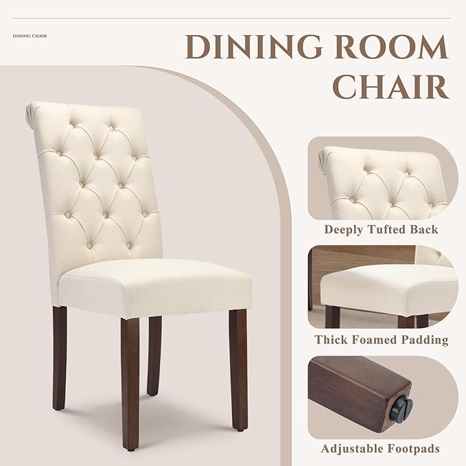 COLAMY Tufted Dining Chairs Set of 6, Accent Parsons Diner Chair Upholstered Fabric Stylish Kitchen Chairs with Solid Wood Legs, Beige