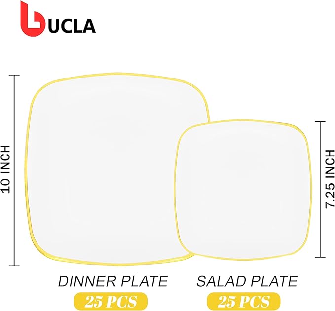 bUCLA 50PCS White and Gold Plastic Plates Disposable - Square Gold Heavy Duty - Include 25 Each (Dinner & Dessert) Plates for Party & Wedding