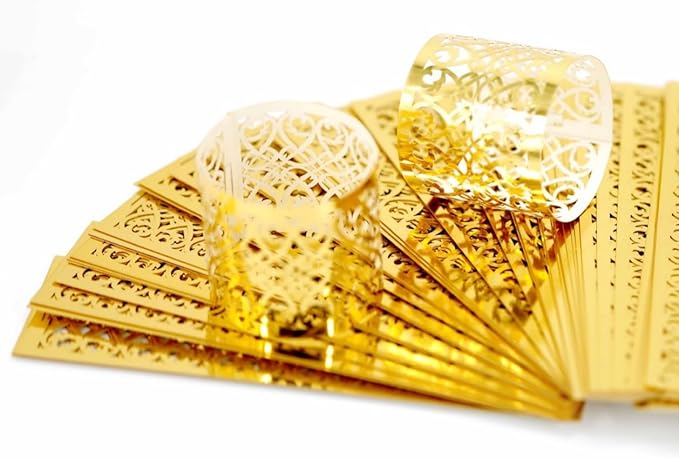 100 Pcs Napkin Rings Laser Cut Premium Paper Napkin Holder for Wedding Party Christmas Dinner Serviette Table Restaurant Celebration (Gold)