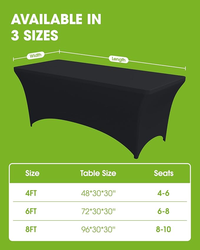 Pureegg Spandex Tablecloth 6ft - 10 Pack, Fitted and Tight Cloth for Rectangle Table, Wrinkle-Free and Stretch Table Cover for Party, Wedding, Banquet and Birthday, Black