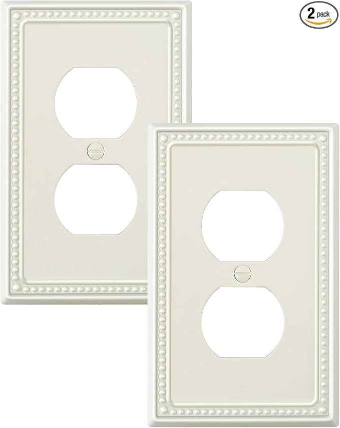 2-Pack Duplex Outlet Cover Plate, Light Almond Metal Wall Plates for Electrical Outlets, 1 Gang Receptacle Light Switch Cover, Pearls Decorative Switch Plates and Outlet Covers