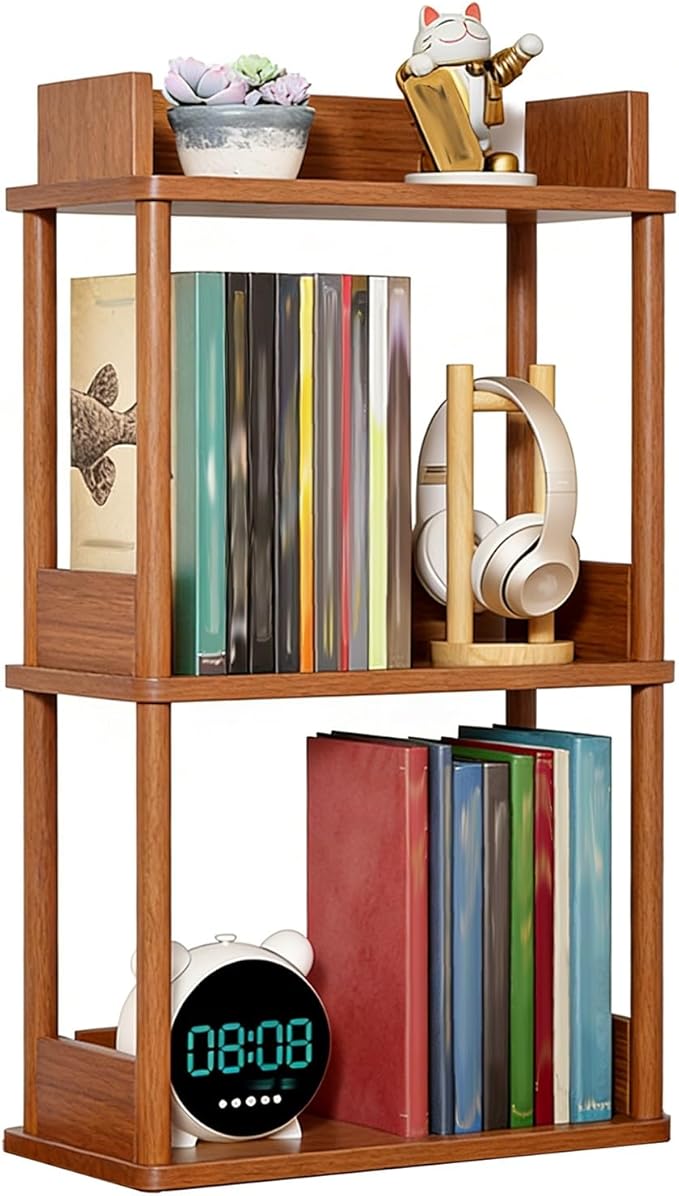 Desktop Organizer Shelf, Multi Tier Wood Tabletop Bookshelf, Space Saving Countertop Storage Rack for Office, Bedroom, Living Room(Light Walnut,11.8 * 7.8 * 26.7in)
