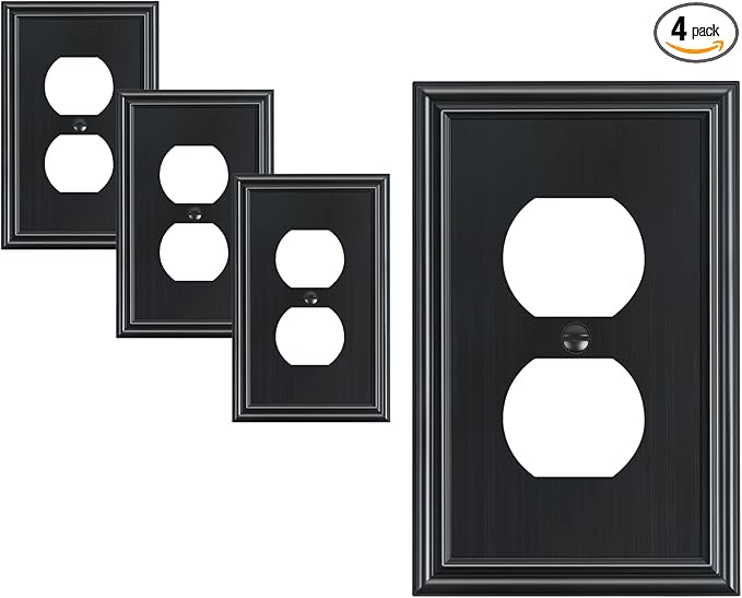 4-Pack Duplex Outlet Cover, Durable Solid Zinc Alloy Decorative Switch Plates and Outlet Covers, Black Wall Plates for Electrical Outlets, 1 Gang Receptacle Cover, Corrosion Resistant