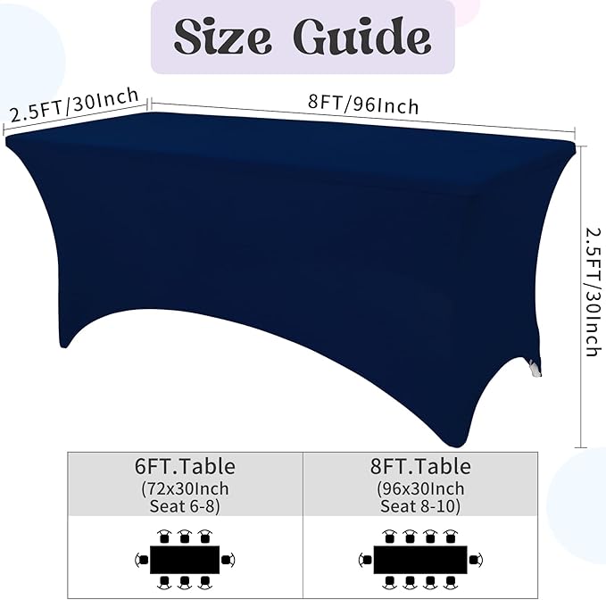 HAISIWLKJ 6 Pack Table Cloth 8ft Navy Blue Tablecloths for Rectangle Folding Table Spandex Fitted Stretch Cover Wrinkle Resistant Washable Protector for Party, Wedding, Banquet, Festival.