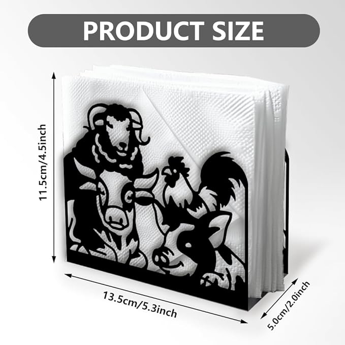 Farm Animals Decorative Black Metal Napkin Holder for Table, 5.3" x 4.5" x 2" Pig Sheep Chickens Cow Standing Napkin Holder for Home Kitchen Restaurant Picnic Party Coffee Bar Dining Room