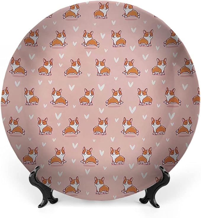 Ceramic Plates, Dog Lover Decorative Ceramic Plates, Cute Little Corgi Jumping Running and Standing, 8 Inch, for Dining, Parties, Wedding, Coral Orange White
