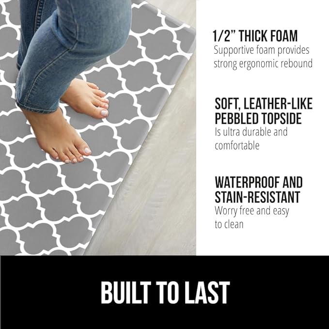 GORILLA GRIP 2 Pack Comfortable Cushioned Kitchen Mats for Floor, 17x29 + 17x59, Waterproof, Stain Resistant, 1/2 Inch Thick Ergonomic Standing Desk Anti Fatigue Mat, Foam Supports Feet, Grey White