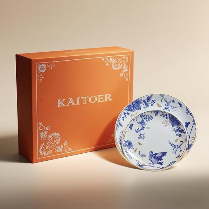 Porcelain Floral Plates Ceramic 8 Inch & 10 Inch Ceramic Plates 4 Pieces, Dessert Plate Blue and White, Salad Plate Set, Floral Dinnerware Set for Kitchen, Dinner Plate for Cake Snacks Side Dish