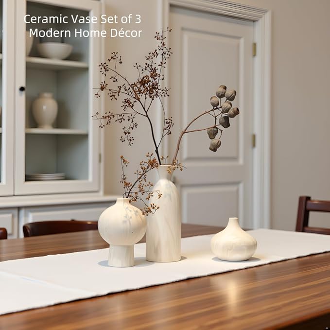 White Ceramic Vase Set of 3 in Beige, Modern Aesthetic Stone-Look Textured Pottery Vases for Shelf & Bookshelf Home Decor, Neutral Minimalist Decorative Vases for Flowers & Pampas Grass